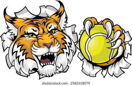 A wildcat or bobcat with a tennis ball sports team animal cartoon mascot