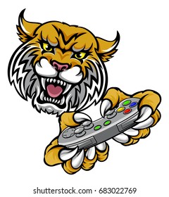 A wildcat or bobcat video game player online sports gamer animal mascot holding a controller
