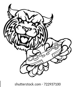 A wildcat or bobcat video game player online gamer animal mascot holding a controller