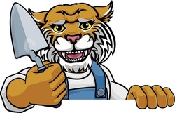 A Wildcat Bricklayer Builder Construction Worker Mascot Cartoon Character Holding A Trowel Tool And Peeking Around A Sign
