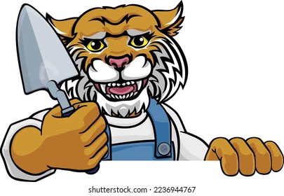 A wildcat bricklayer builder construction worker mascot cartoon character holding a trowel tool and peeking around a sign