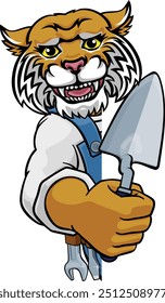 A wildcat bricklayer builder construction worker mascot cartoon character holding a trowel tool and peeking around a sign