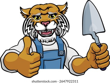 A wildcat bricklayer builder construction worker mascot cartoon character holding a trowel tool and peeking around a sign and giving a thumbs up