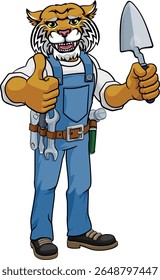 A wildcat bricklayer builder construction worker mascot cartoon character holding a trowel tool and giving a thumbs up