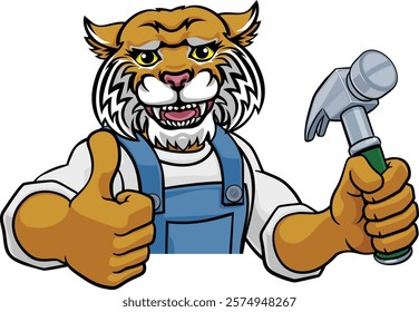 A wildcat cartoon animal mascot carpenter or handyman builder construction maintenance contractor peeking around a sign holding a hammer 