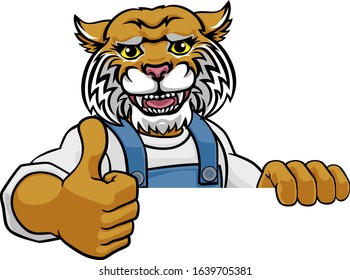 A wildcat cartoon animal mascot gardener, carpenter, handyman, decorator or builder construction worker peeking around a sign and giving a thumbs up