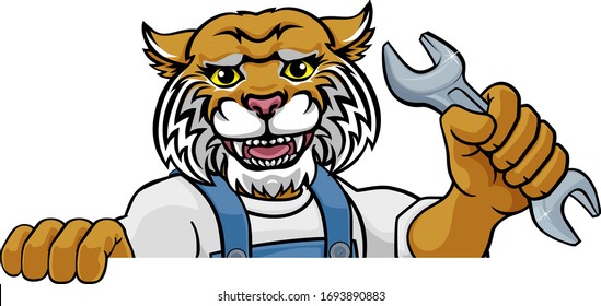 A wildcat cartoon animal mascot plumber, mechanic or handyman builder construction maintenance contractor peeking around a sign holding a spanner or wrench