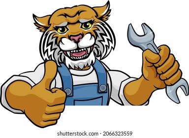 A wildcat cartoon animal mascot plumber, mechanic or handyman builder construction maintenance contractor peeking around a sign holding a spanner or wrench and giving a thumbs up