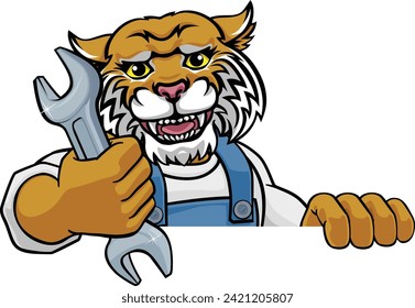 A wildcat cartoon animal mascot plumber, mechanic or handyman builder construction maintenance contractor peeking around a sign holding a spanner or wrench