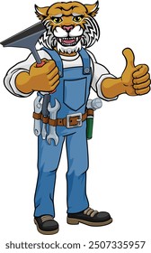 A wildcat cartoon mascot car or window cleaner holding a squeegee tool and giving a thumbs up