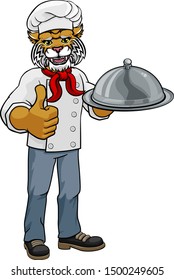 A wildcat chef mascot cartoon character holding a silver platter cloche dome of food and giving a thumbs up