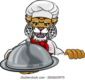 A wildcat chef mascot cartoon character holding a silver platter cloche dome of food peeking round a sign