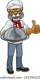 A wildcat chef mascot cartoon character holding a silver platter cloche dome of food and giving a thumbs up