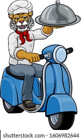 A wildcat chef mascot delivering food on a scooter 