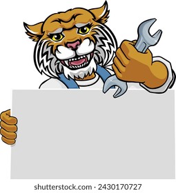 A wildcat, cougar or bobcat handyman, mechanic, plumber or other construction cartoon mascot man holding a wrench or spanner tool.