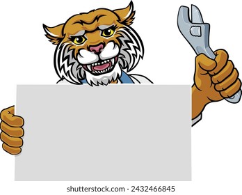 A wildcat, cougar or bobcat handyman, mechanic, plumber or other construction cartoon mascot man holding a wrench or spanner tool.