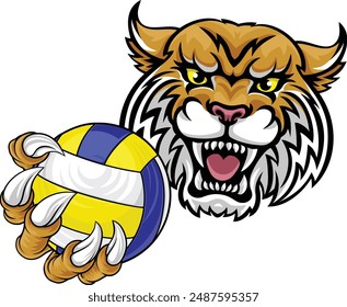 A wildcat cougar lynx lion volleyball animal sports mascot holding a volley ball in his claw