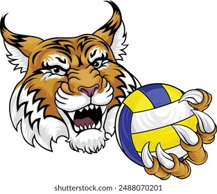 A wildcat cougar lynx lion volleyball animal sports mascot holding a volley ball in his claw