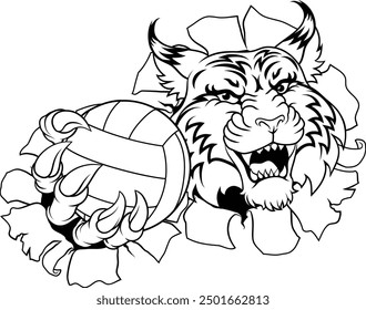 A wildcat cougar lynx lion volleyball animal sports mascot holding a volley ball in his claw