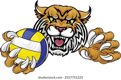 A wildcat cougar lynx lion volleyball animal sports mascot holding a volley ball in his claw