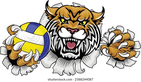 A wildcat cougar lynx lion volleyball animal sports mascot holding a volley ball in his claw