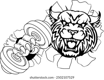 A wildcat cougar lynx lion weight lifting gym animal sports mascot holding a dumbbell weight in his claw