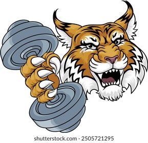 A wildcat cougar lynx lion weight lifting gym animal sports mascot holding a dumbbell weight in his claw