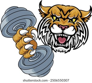 A wildcat cougar lynx lion weight lifting gym animal sports mascot holding a dumbbell weight in his claw