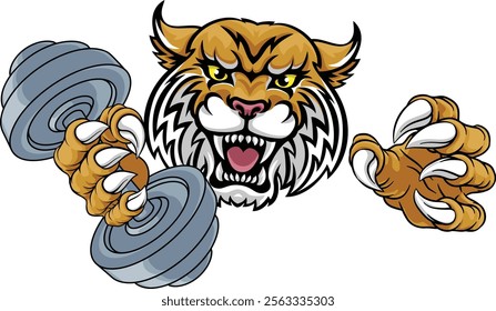 A wildcat cougar lynx lion weight lifting gym animal sports mascot holding a dumbbell weight in his claw