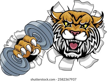 A wildcat cougar lynx lion weight lifting gym animal sports mascot holding a dumbbell weight in his claw