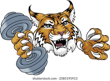 A wildcat cougar lynx lion weight lifting gym animal sports mascot holding a dumbbell weight in his claw