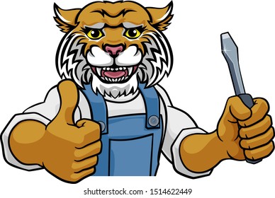 A wildcat electrician, handyman or mechanic holding a screwdriver and peeking round a sign and giving a thumbs up