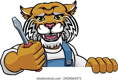 A wildcat electrician, handyman or mechanic holding a screwdriver and peeking round a sign 