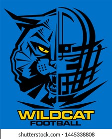 wildcat football team design with half mascot and facemask for school, college or league