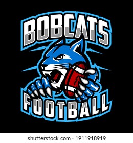 wildcat football team design with head blue mascot bobcat, lynx holding ball. Great for team or school mascot or t-shirts and others.