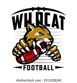 wildcat football team design with head mascot bobcat, lynx holding ball. Great for team or school mascot or t-shirts and others.