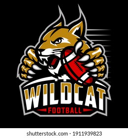 Wildcat Football Team Design With Head Mascot Bobcat, Lynx Holding Ball In The Claw. Great For Team Or School Mascot Or T-shirts And Others.