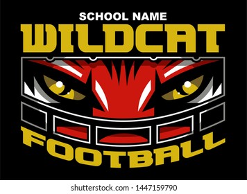 wildcat football team design with mascot wearing facemask for school, college or league