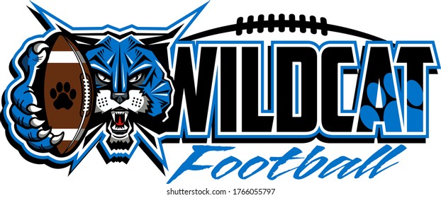 wildcat football team design with mascot holding ball for school, college or league