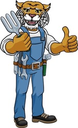 A Wildcat Gardener Cartoon Gardening Animal Mascot Holding A Garden Fork Tool And Giving A Thumbs Up