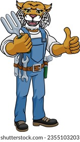 A wildcat gardener cartoon gardening animal mascot holding a garden fork tool and giving a thumbs up