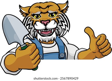 A wildcat gardener cartoon gardening animal mascot holding a garden spade tool peeking round a sign and giving a thumbs up