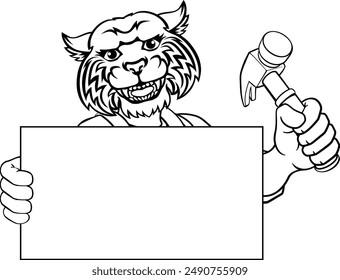 A wildcat handyman or carpenter cartoon construction man mascot character holding a hammer tool