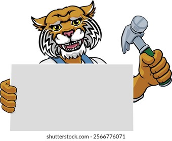 A wildcat handyman or carpenter cartoon construction man mascot character holding a hammer tool