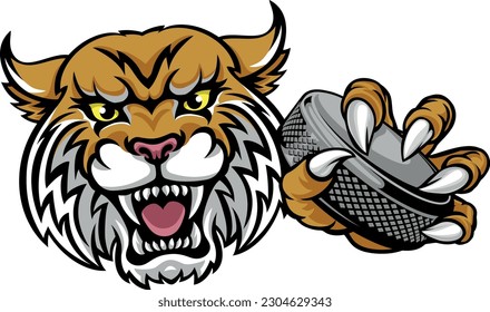 A wildcat ice hockey player animal sports mascot holding a puck
