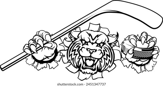 A wildcat ice hockey player animal sports mascot holding a hockey stick and puck