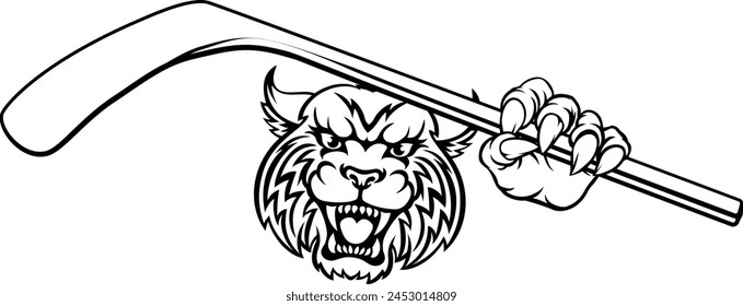 A wildcat ice hockey player animal sports mascot holding a hockey stick