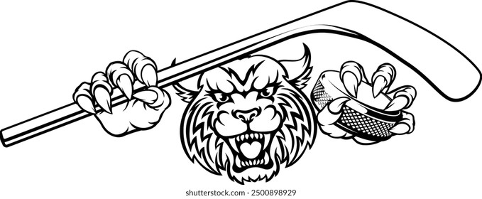 A wildcat ice hockey player animal sports mascot holding a hockey stick and puck