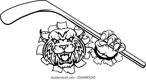 A wildcat ice hockey player animal sports mascot holding a hockey stick