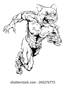 A wildcat man character or sports mascot charging, sprinting or running